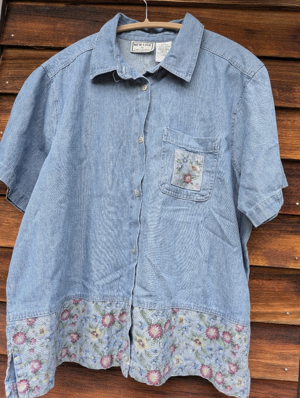 Cottagecore Denim Patch Floral Garden XL Shirt Lagenlook